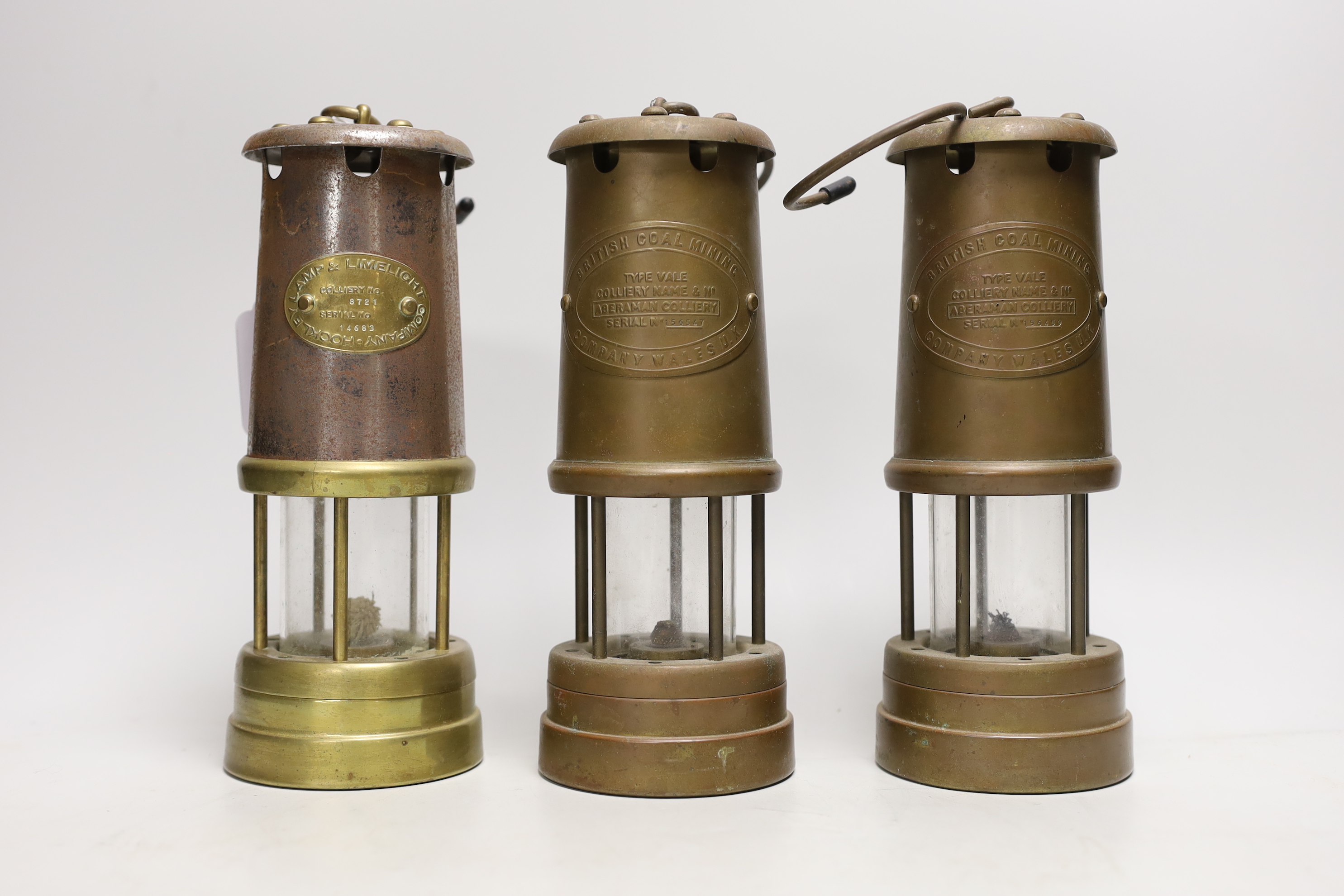 Three British Colliery Mining safety lamps